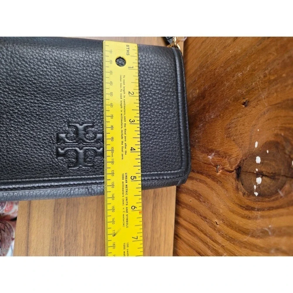 Tory Burch Thea Crossbody Wallet Bag Black Pebbled Leather Gold Hardware